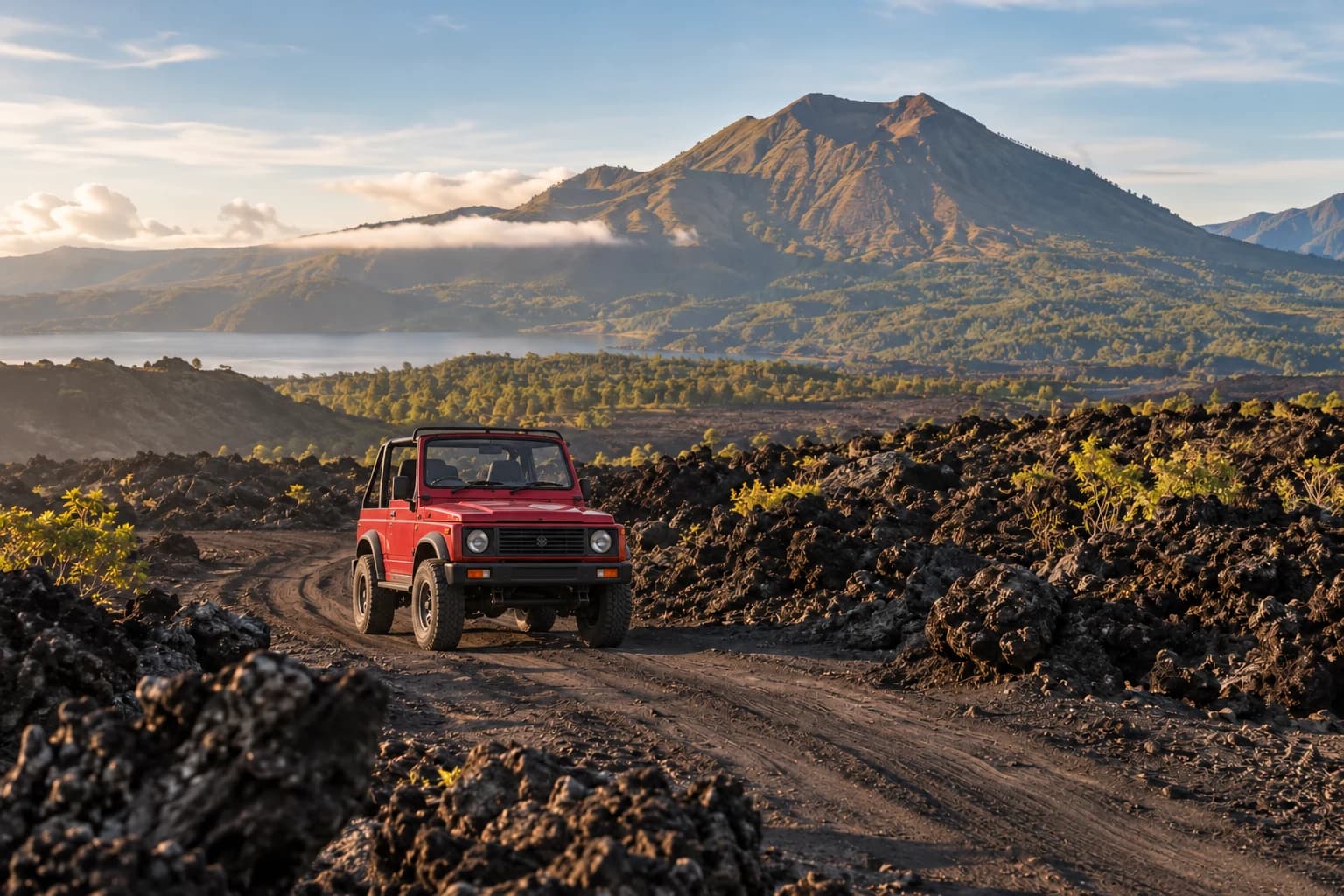 Illustration of a small jeep on Mount Batur’s black sand and lava terrain