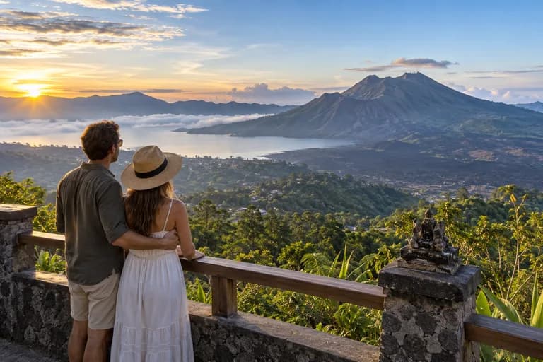 Illustration of travellers at a Mount Batur viewpoint