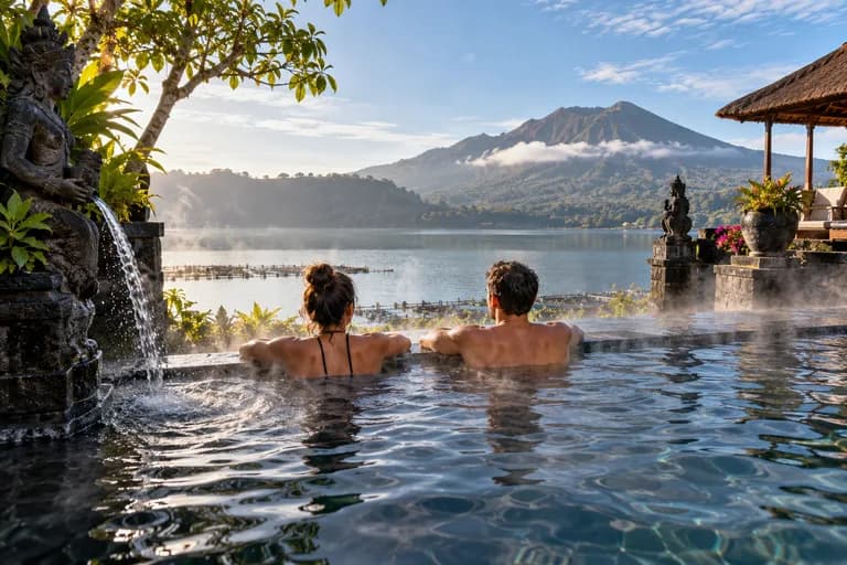 Illustration of a lakeside hot spring inspired by Toya Devasya