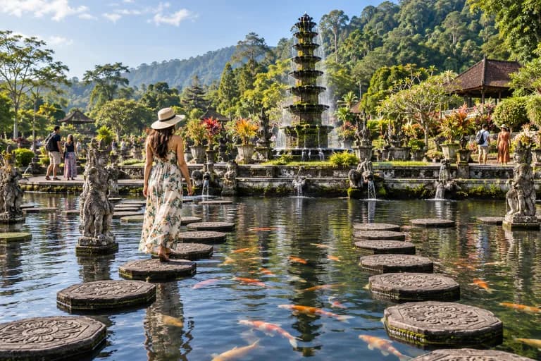 Illustration of the stepping stones and fountains at Tirta Gangga