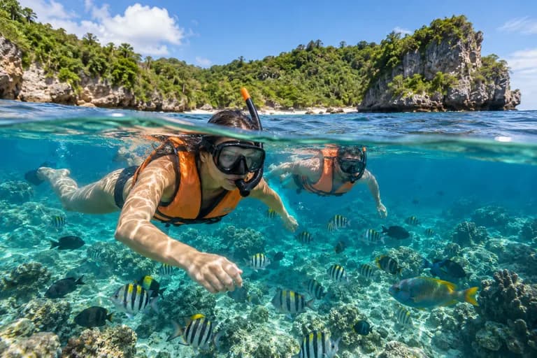 Illustration of snorkellers in tropical water inspired by Blue Lagoon