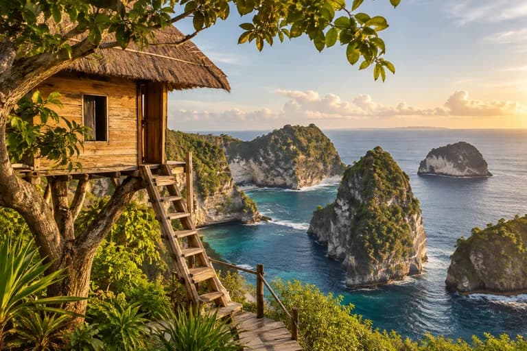 Illustration of Nusa Penida cliffs, beach, and a coastal tree house