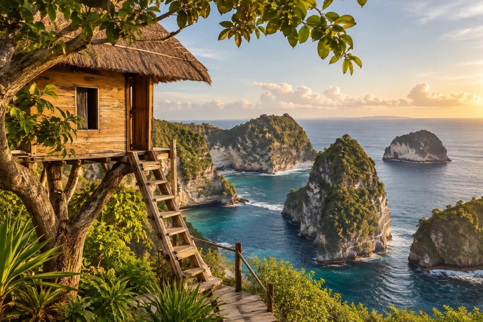 Illustration of Nusa Penida cliffs, beach, and a coastal tree house