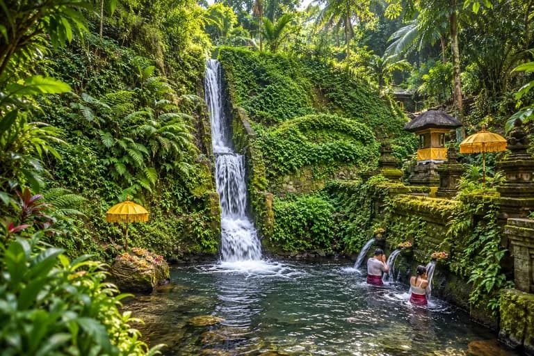 Illustration of Pura Mengening’s forest bathing pool, waterfall and purification spouts