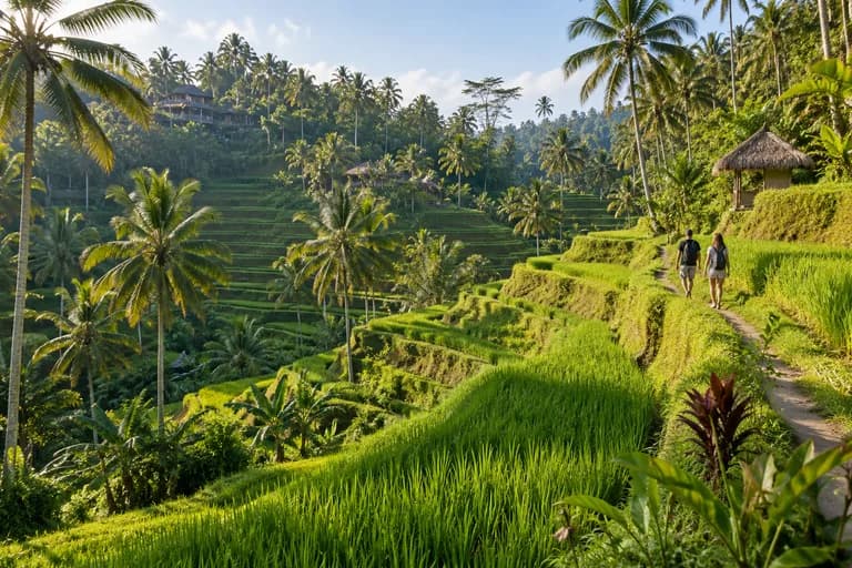 Illustration of travellers walking through Tegallalang rice terraces