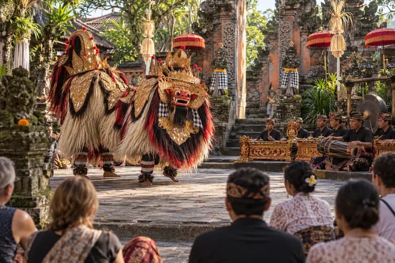 Illustration of a Balinese Barong performance with musicians
