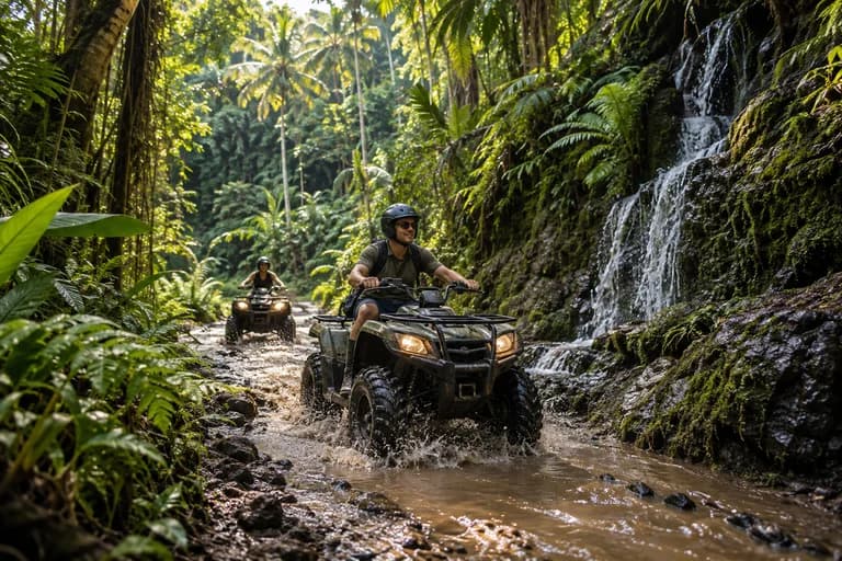 Illustration of helmeted Single ATV riders exploring a lush jungle trail in Ubud