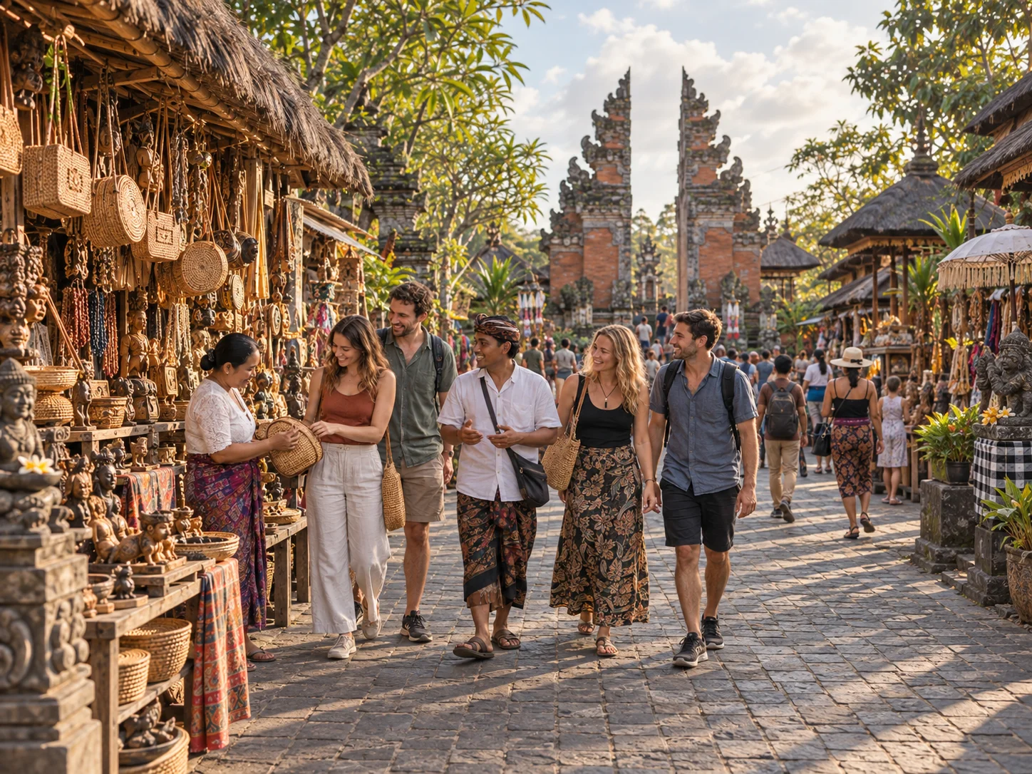 Illustration of travellers and a local guide exploring an Ubud-inspired craft market beside a Balinese gateway