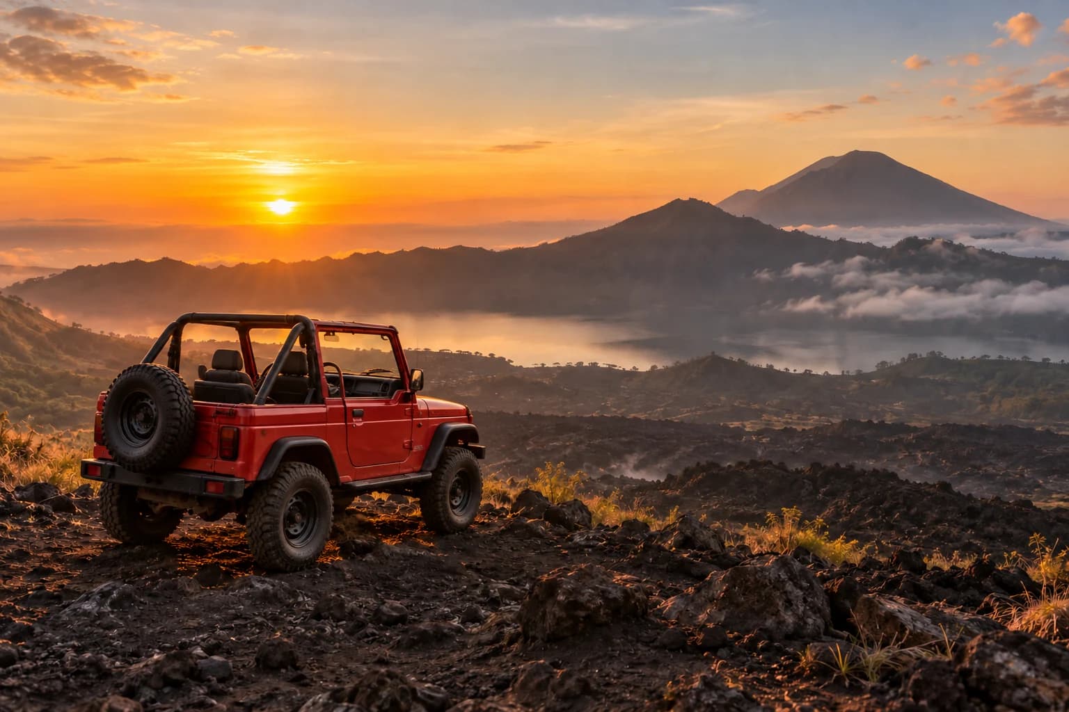 Illustration of a small jeep at Mount Batur at sunrise