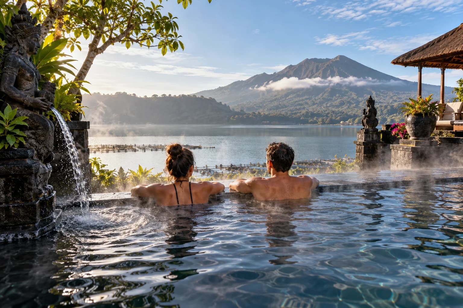 Illustration of a lakeside hot spring inspired by Toya Devasya