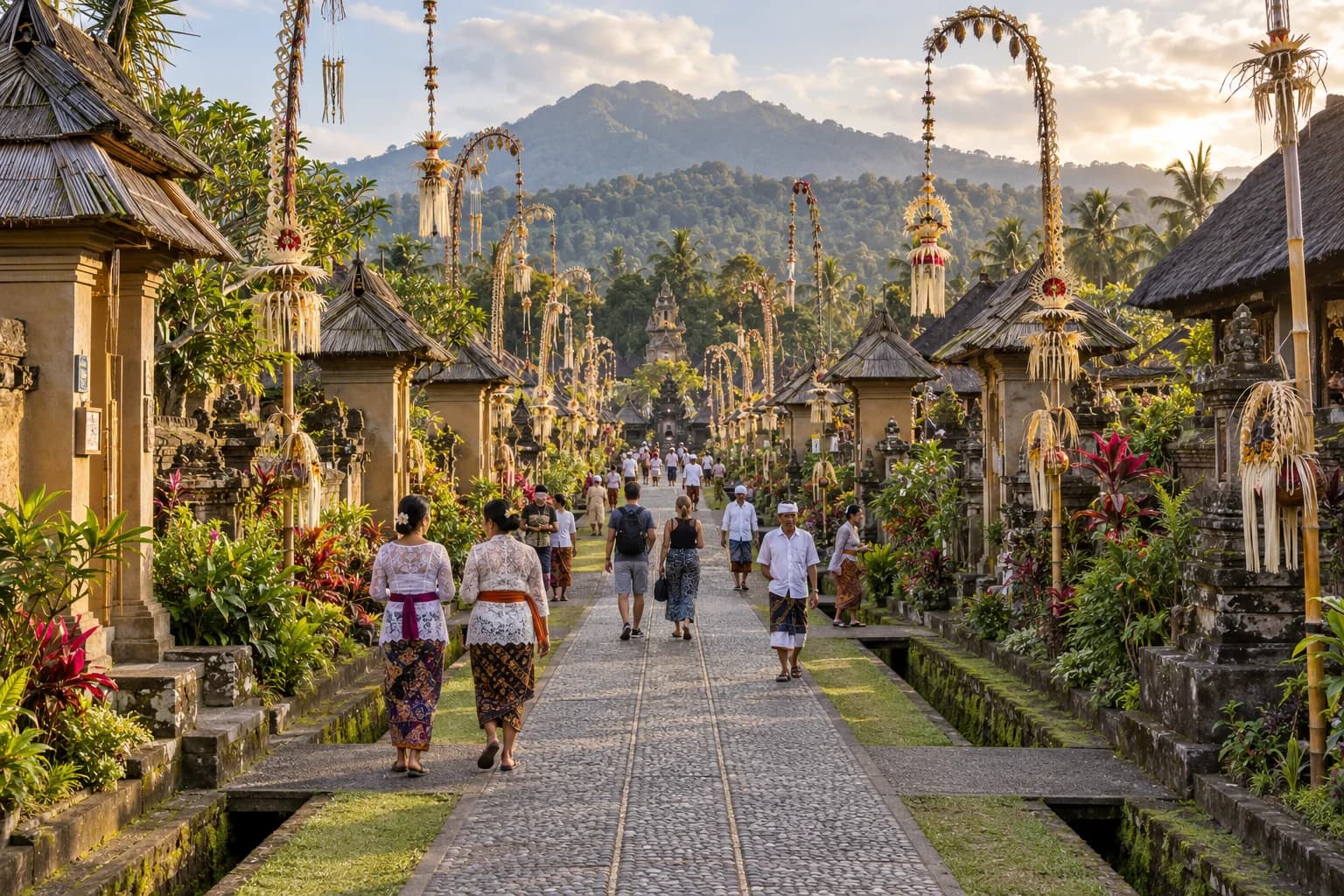 Illustration of visitors and traditional homes in Penglipuran village