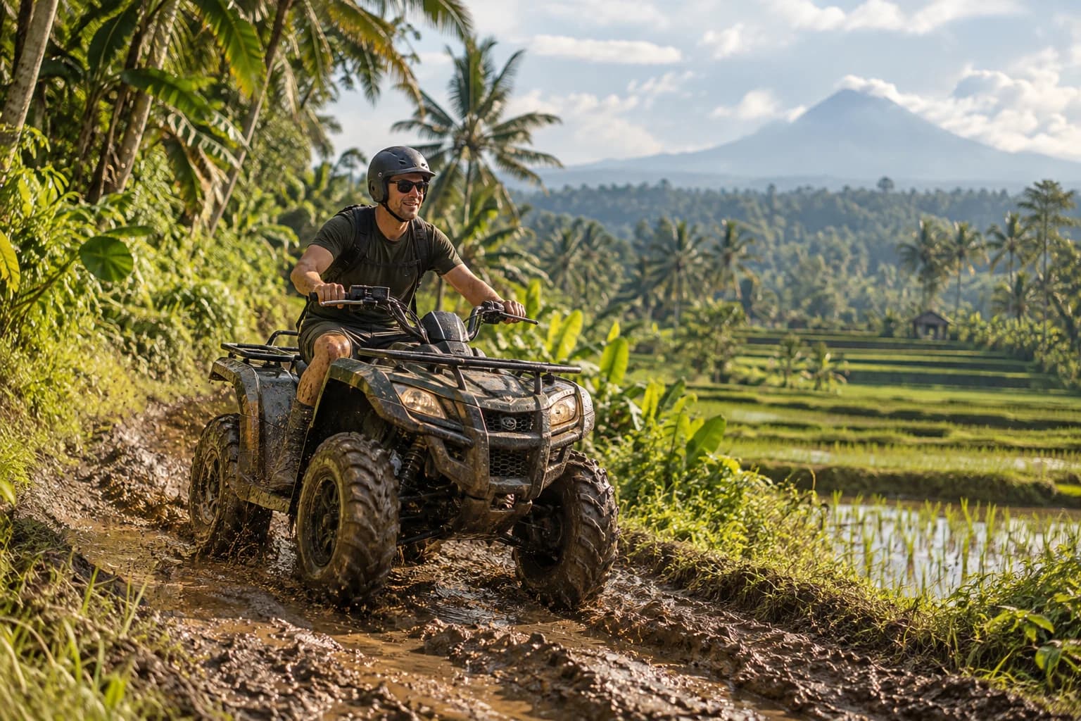 Illustration of a single ATV rider on a tropical trail