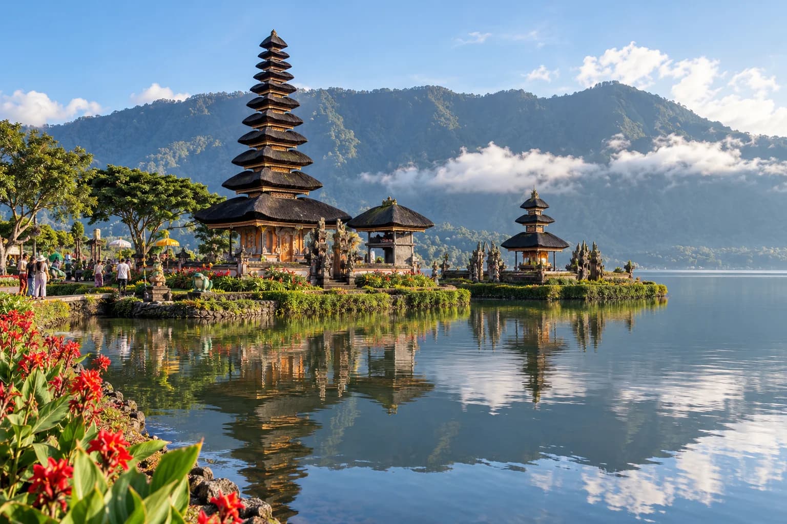 Illustration of Ulun Danu Beratan temple beside a mountain lake
