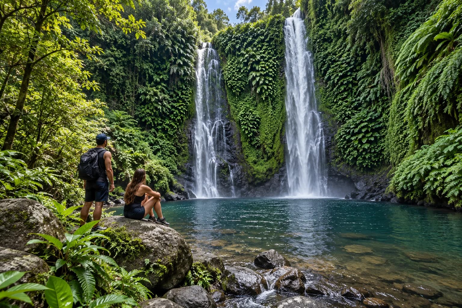 Illustration of Banyumala waterfalls in a green valley