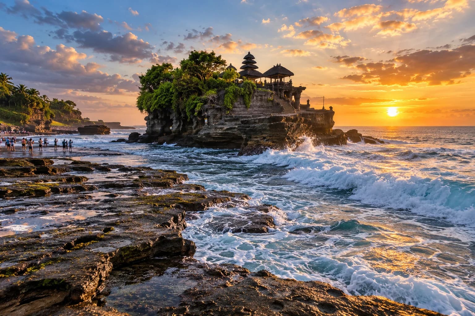 Illustration of Tanah Lot temple beside the ocean