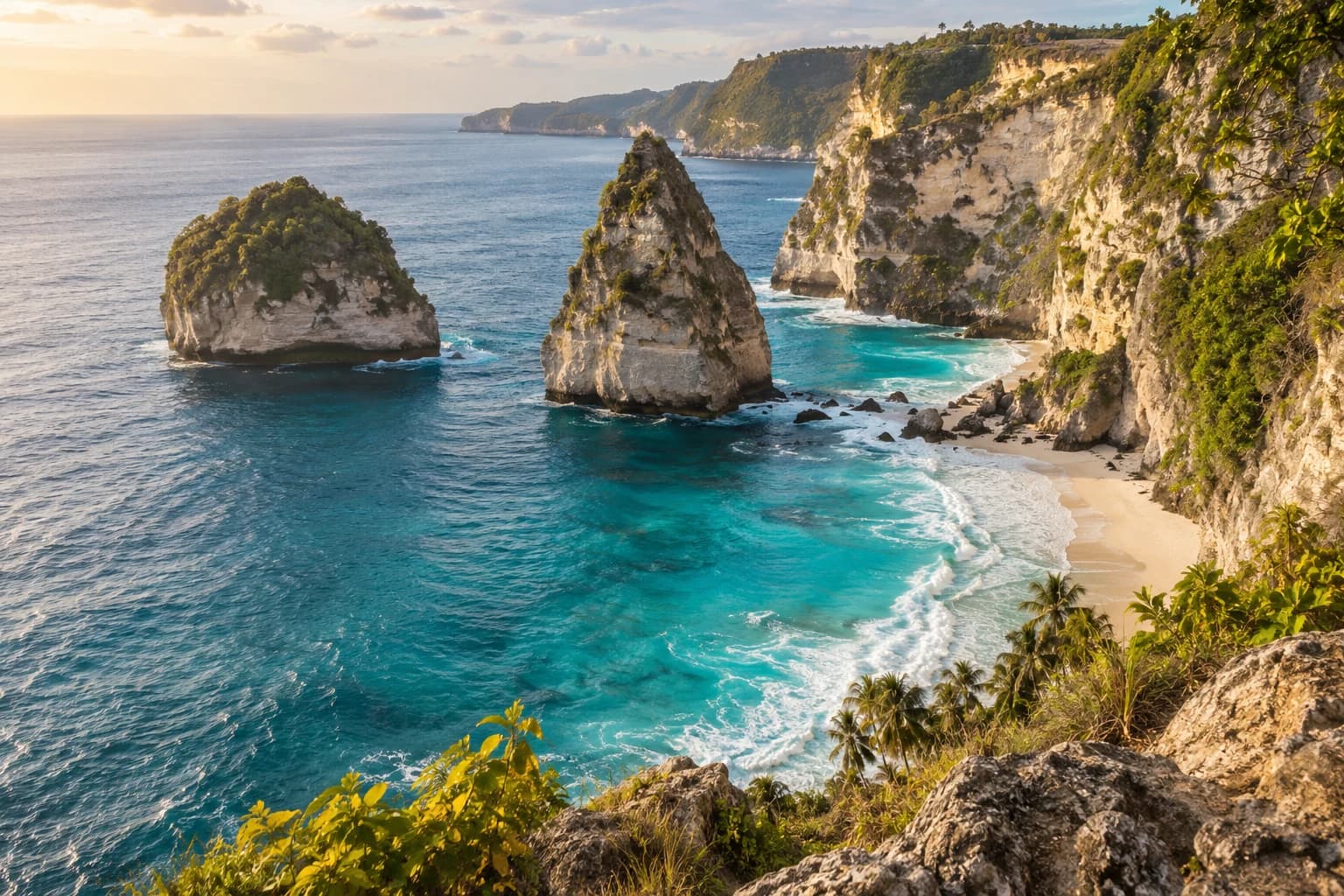 Illustration of eastern Nusa Penida’s beach and coastal rock formations