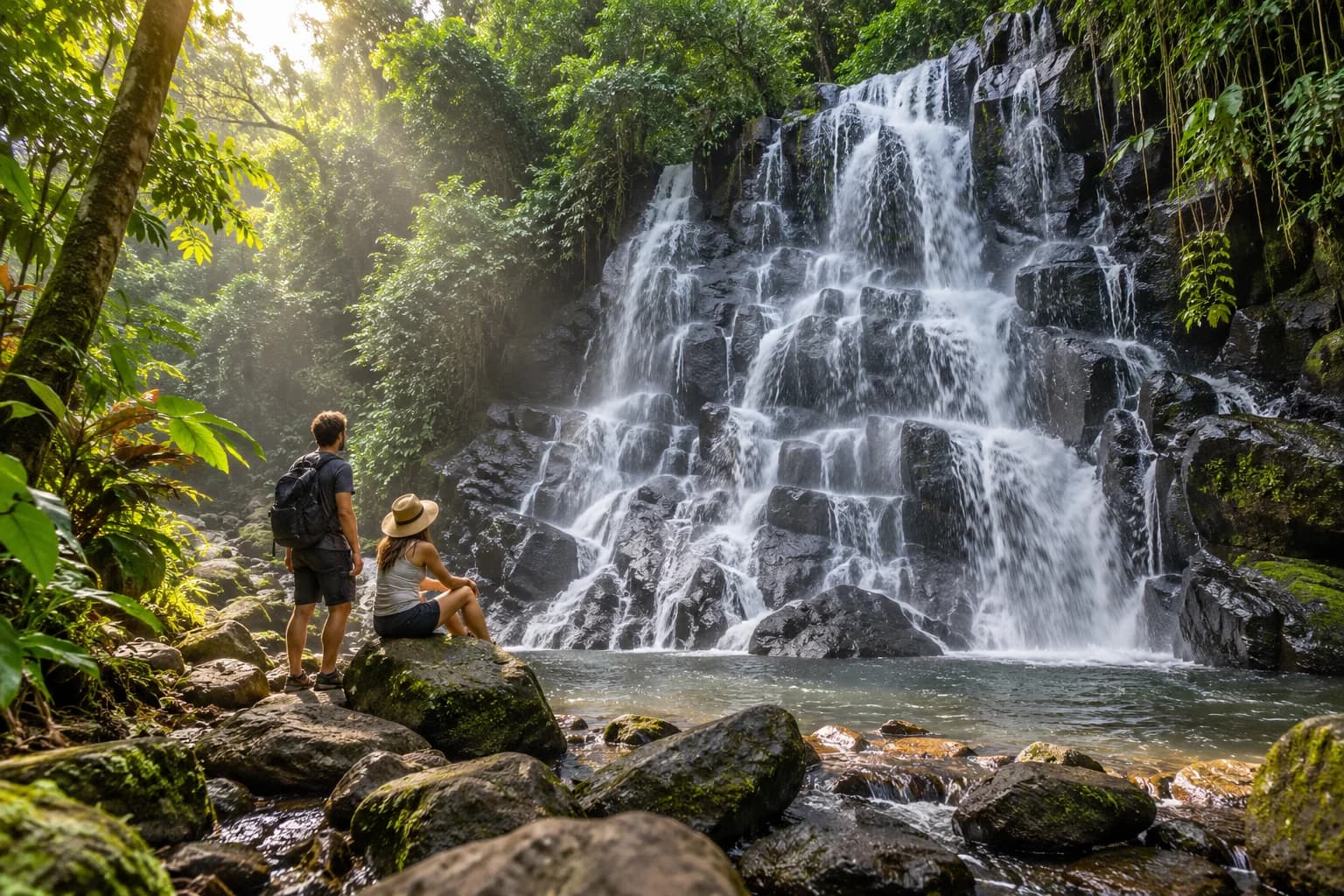 Illustration of visitors beside Kanto Lampo waterfall