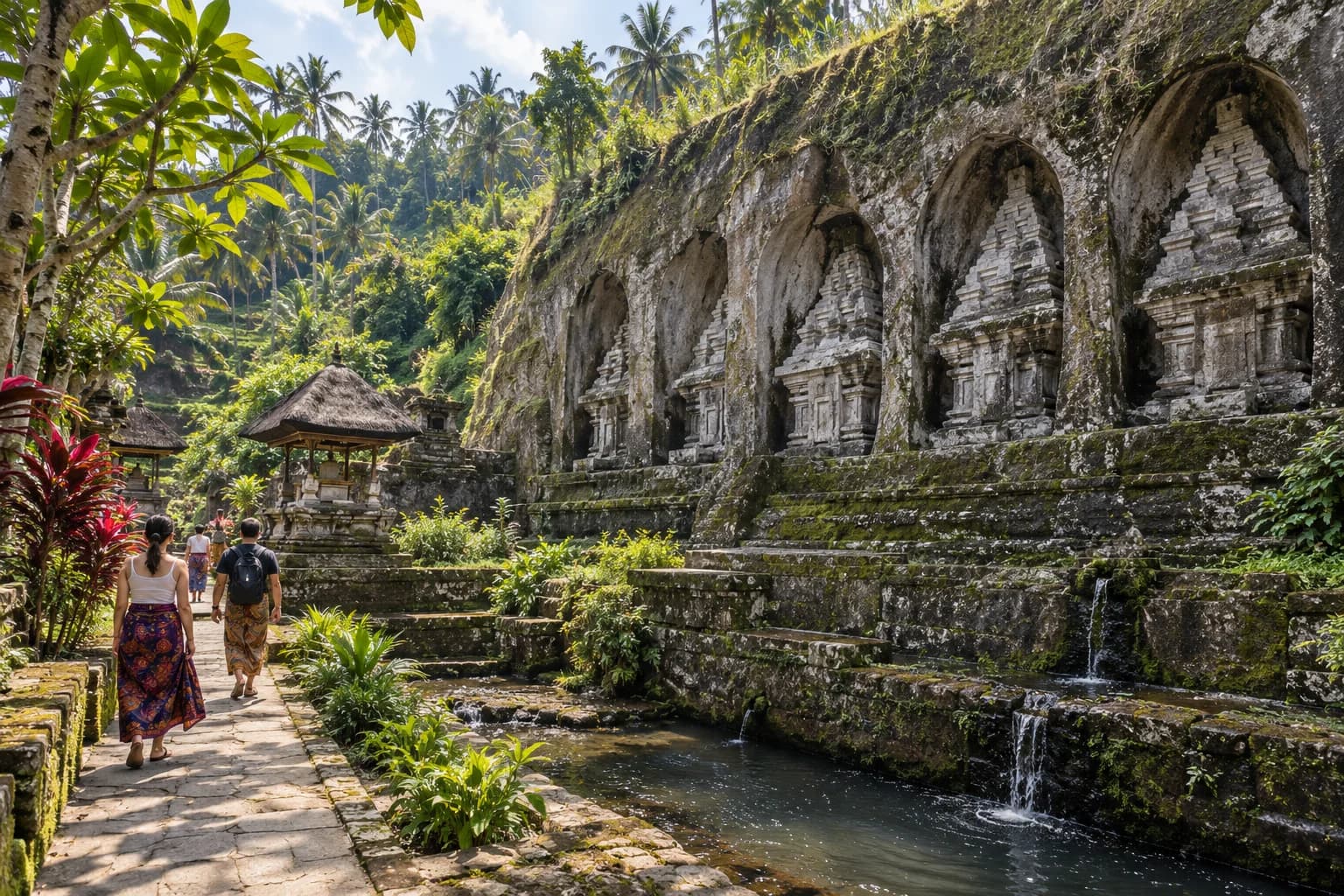Illustration of visitors beside the rock-cut shrines of Gunung Kawi