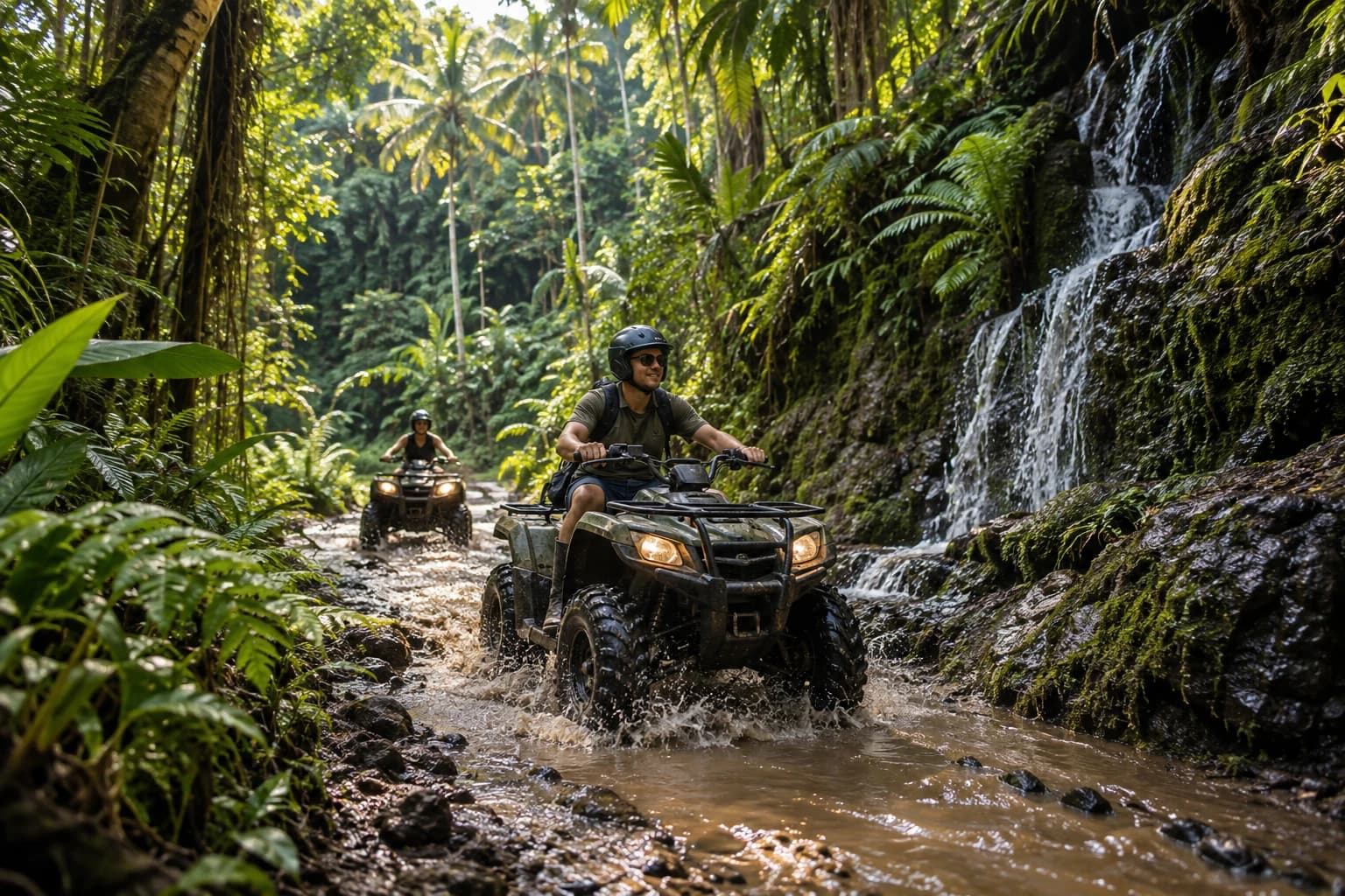 Illustration of helmeted Single ATV riders exploring a lush jungle trail in Ubud