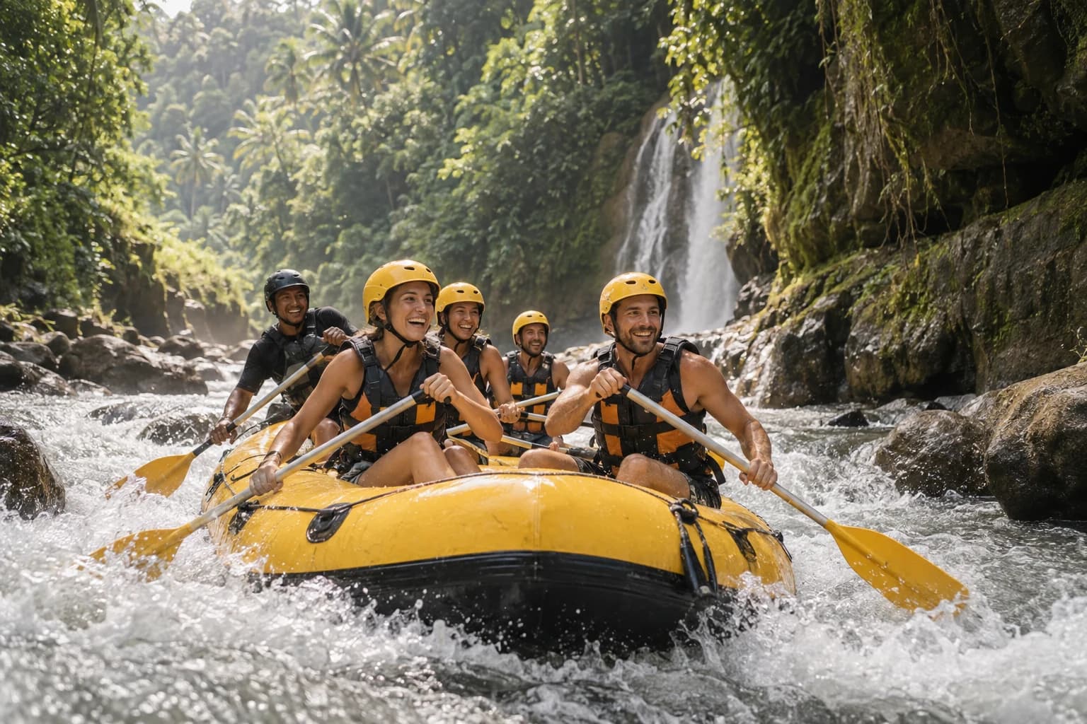 Illustration of rafting participants in a raft on a tropical river